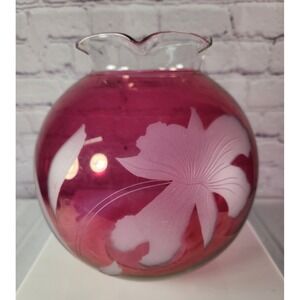 Etched Red Cranberry Glass Vase Bowl Decor Flower Beautiful Ruby Red Color!